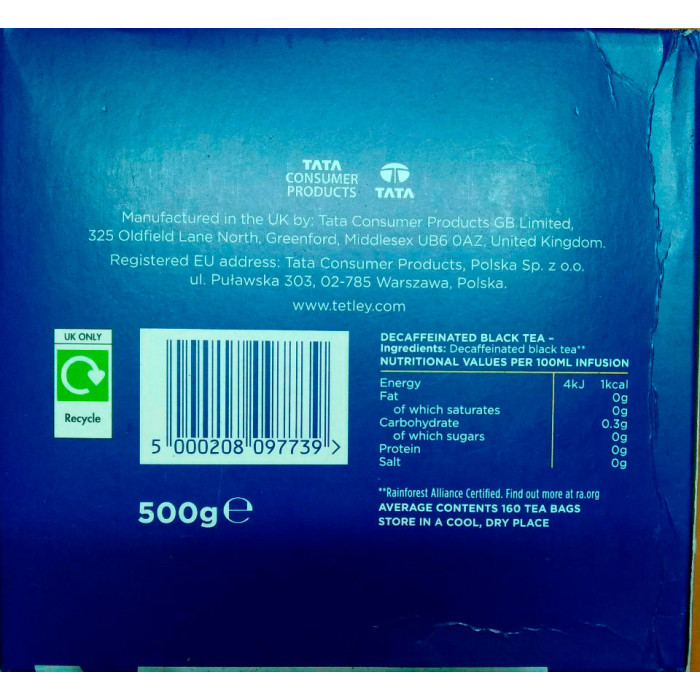 Англійський чорний чай Tetley Decaf, 160 пакетиків, 500 гр